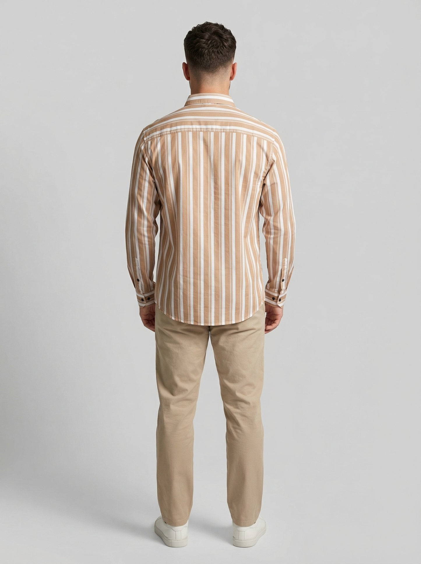 Men's Casual Brown and White Horizontal Striped Long Sleeve Button-Down Shirt