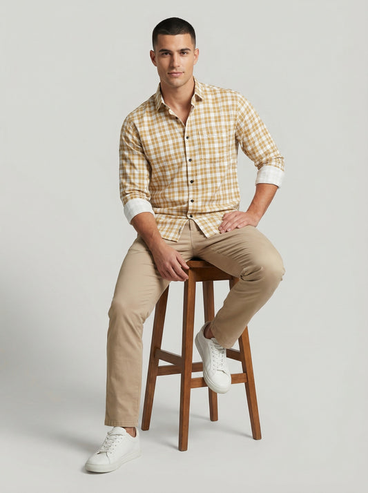 Men's Mustard Yellow Gingham Check Button-Down Shirt with Contrast Cuffs