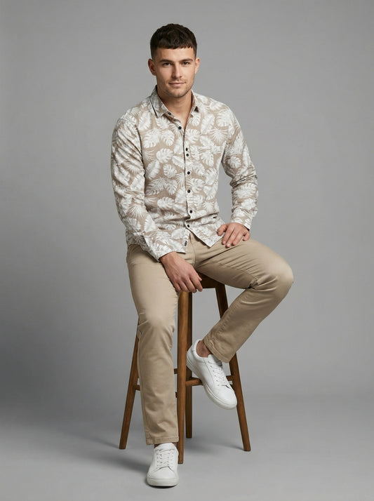 Men's Beige Tropical Leaf Print Long Sleeve Button-Down Shirt