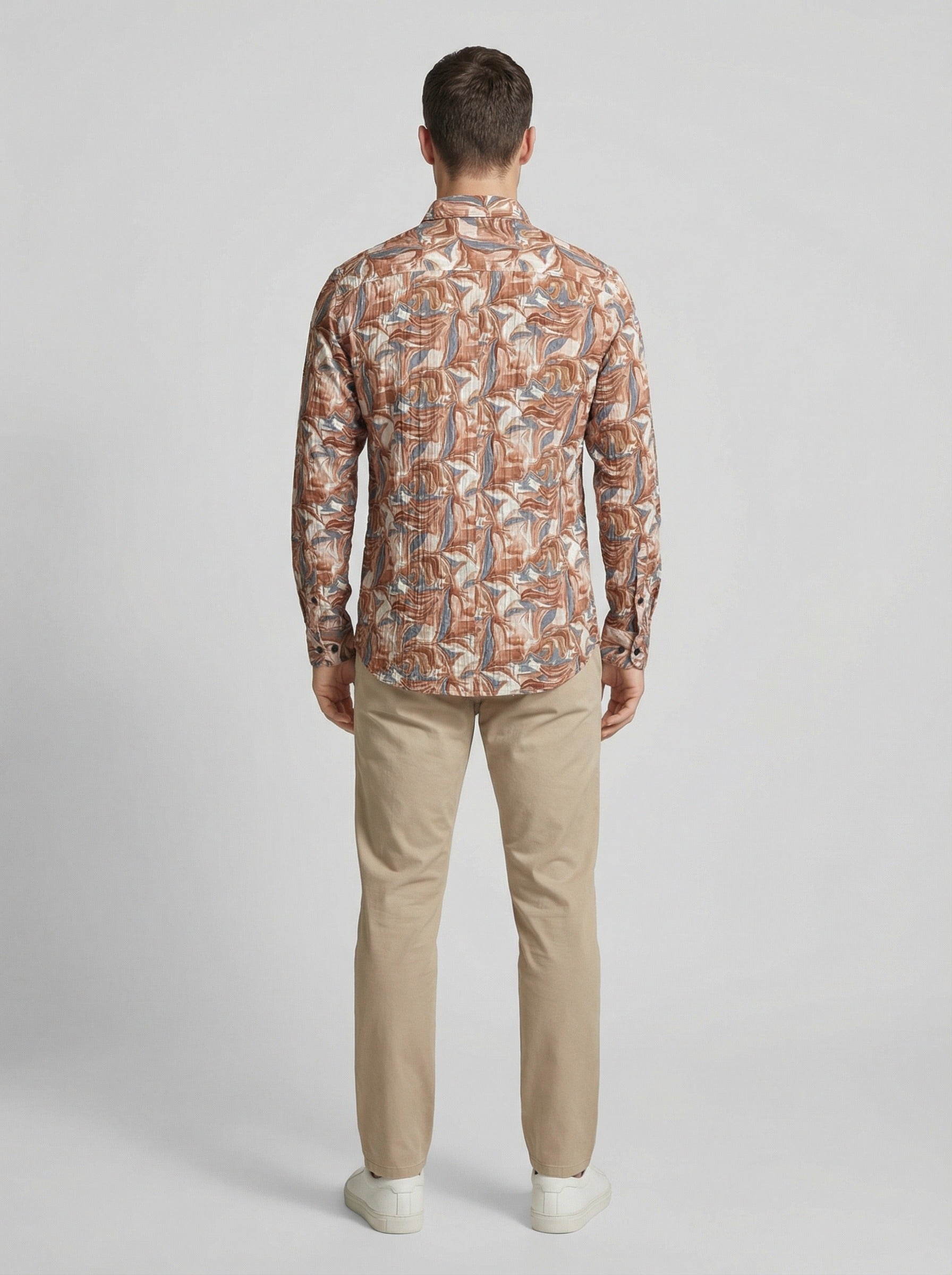 Abstract Marble Print Crinkle-Textured Button-Down Shirt