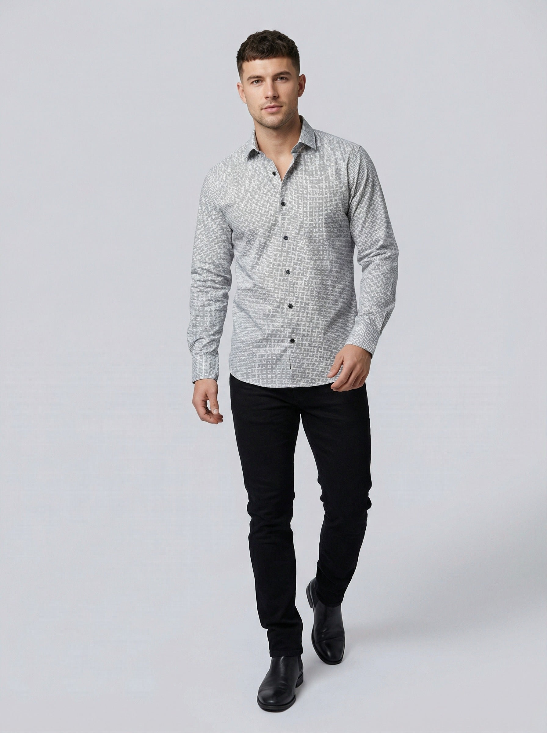 Men's Geometric Greek Key Pattern Long Sleeve Button-Down Shirt