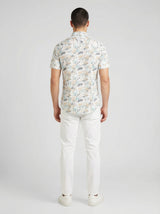 Men's Tropical Bamboo Leaf Print Button-Down Shirt - White & Tan Long Sleeve Casual Summer Shirt