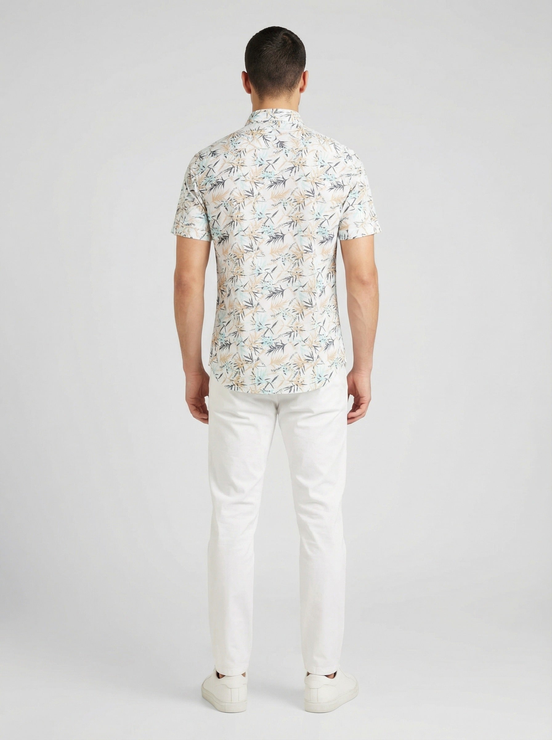 Men's Tropical Bamboo Leaf Print Button-Down Shirt - White & Tan Long Sleeve Casual Summer Shirt