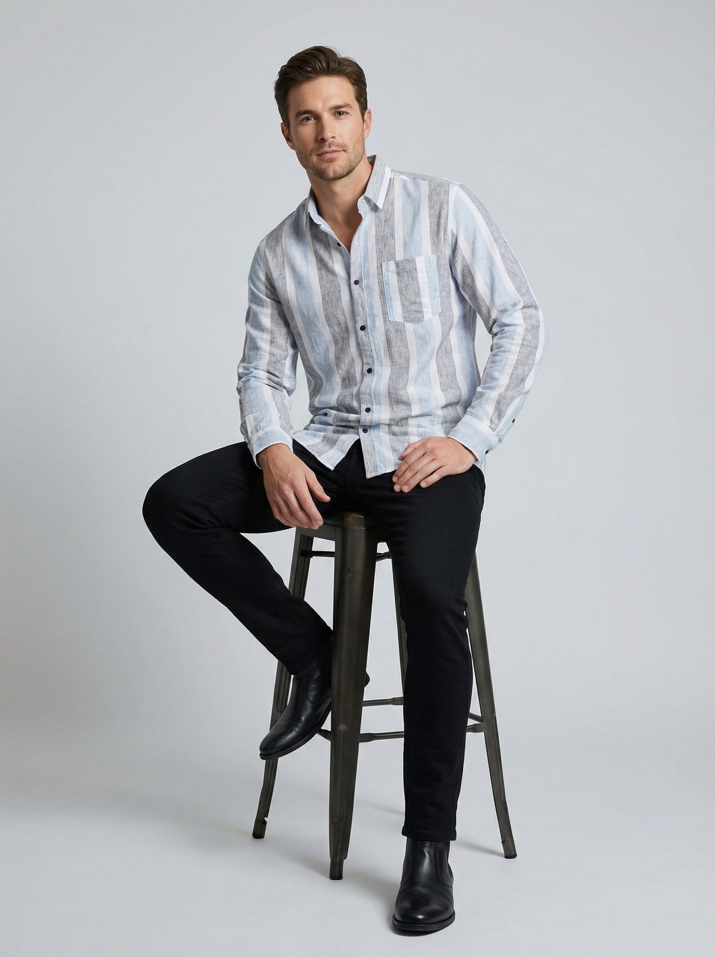 Men's Classic Striped Cotton-Blend Casual Button-Down Shirt