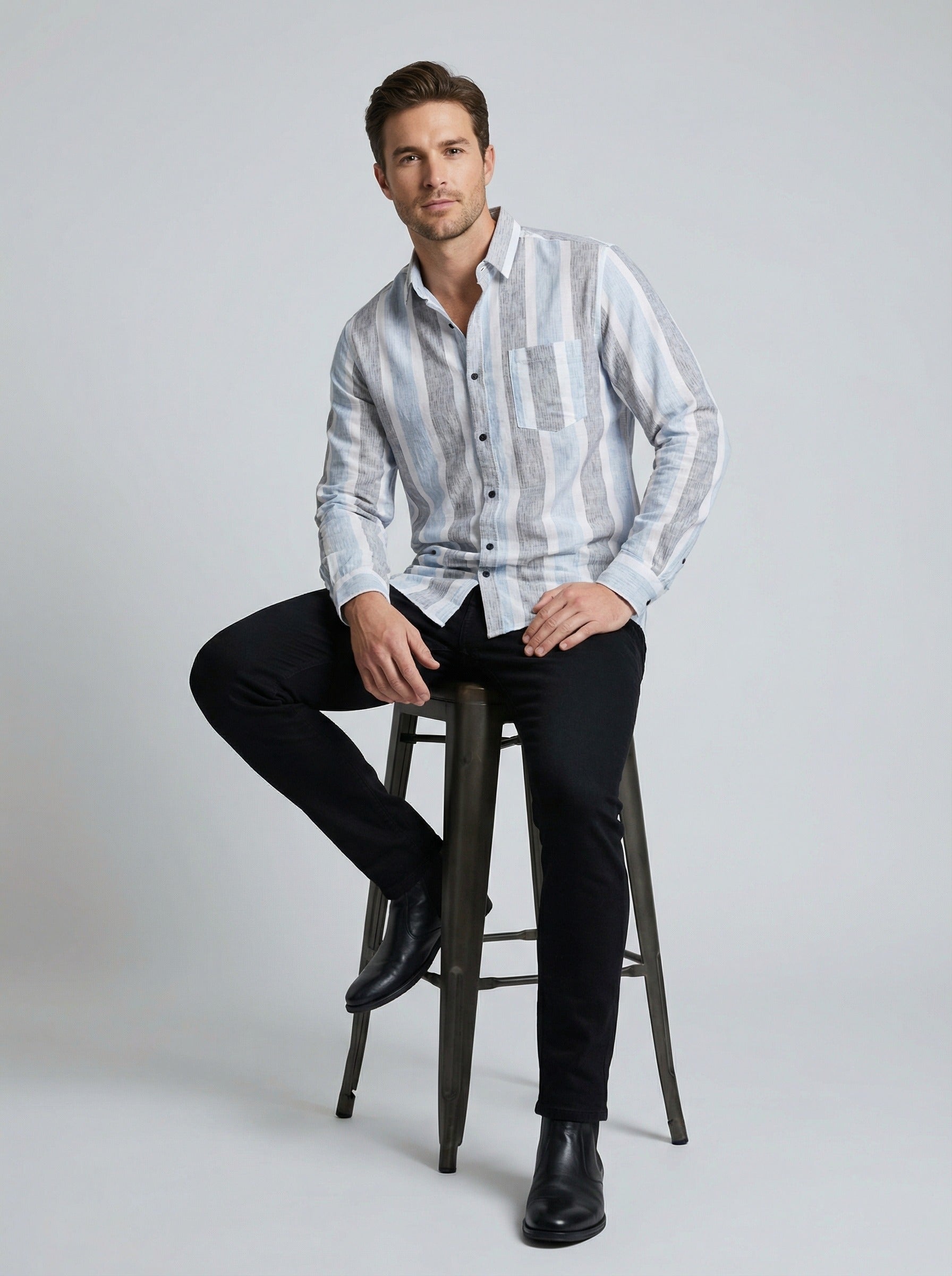 Men's Classic Striped Cotton-Blend Casual Button-Down Shirt