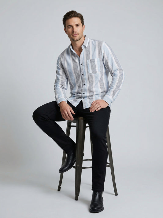 Men's Classic Striped Cotton-Blend Casual Button-Down Shirt