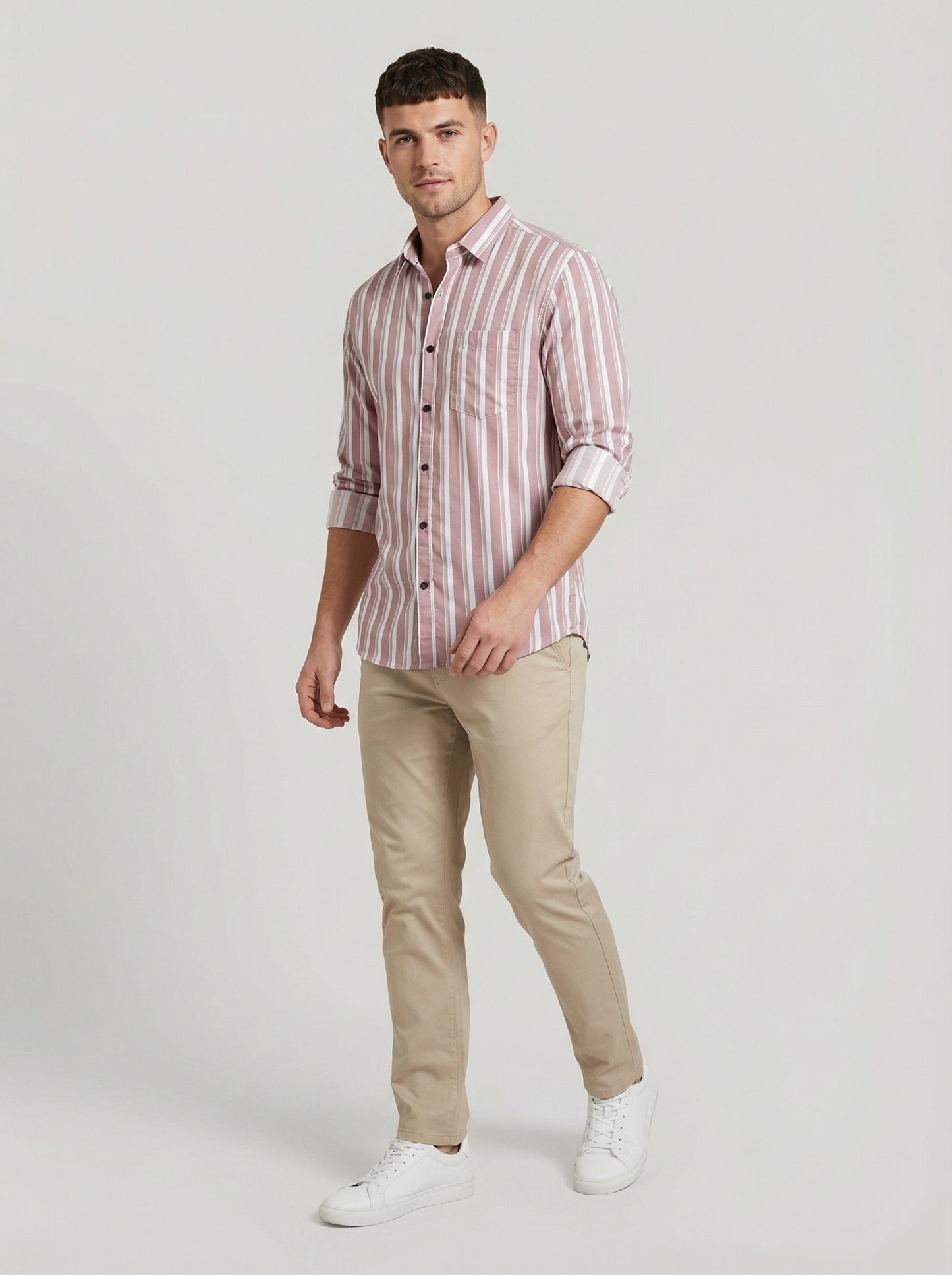 Men's Casual Striped Button-Down Short Sleeve Shirt - Mauve & White