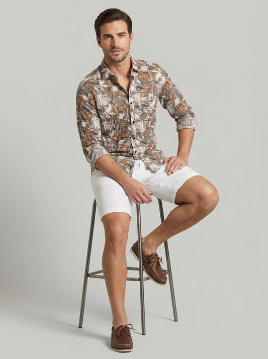 Vintage-Inspired Men's Earth Tone Marble Print Button-Down Shirt