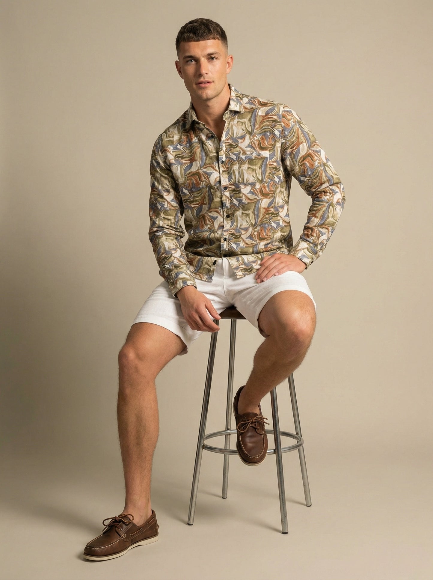 Men's Abstract Swirl Print Button-Down Shirt in Earth Tones