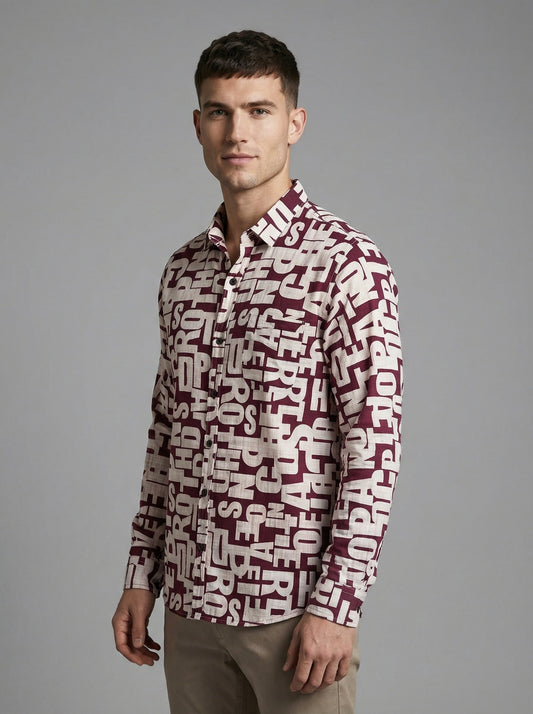Men's Abstract Alphabet Print Button-Up Shirt - Burgundy & Cream Graphic Long Sleeve