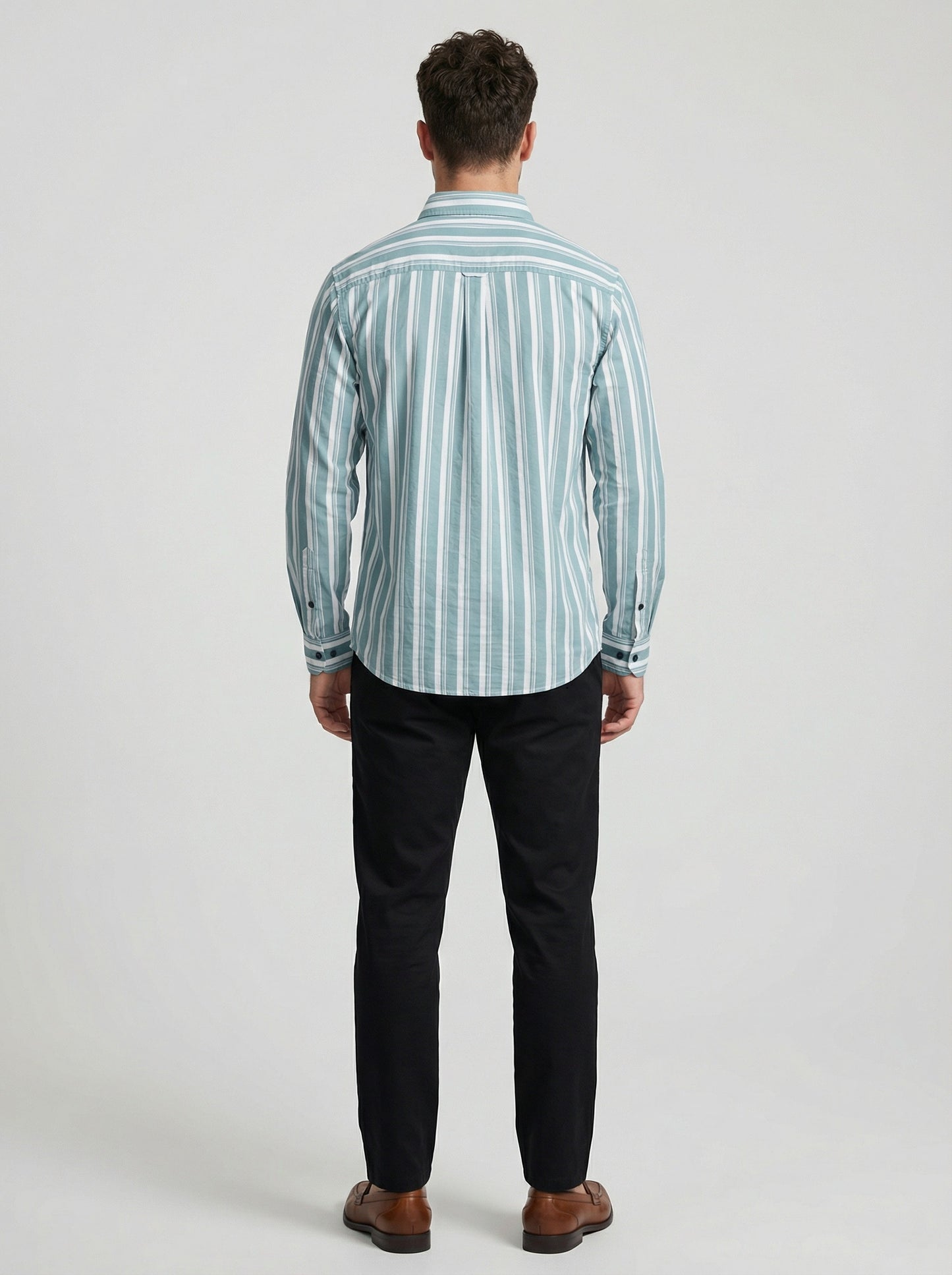 Men's Sage Green and White Horizontal Striped Button-Down Shirt