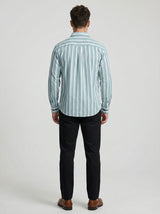 Men's Sage Green and White Horizontal Striped Button-Down Shirt