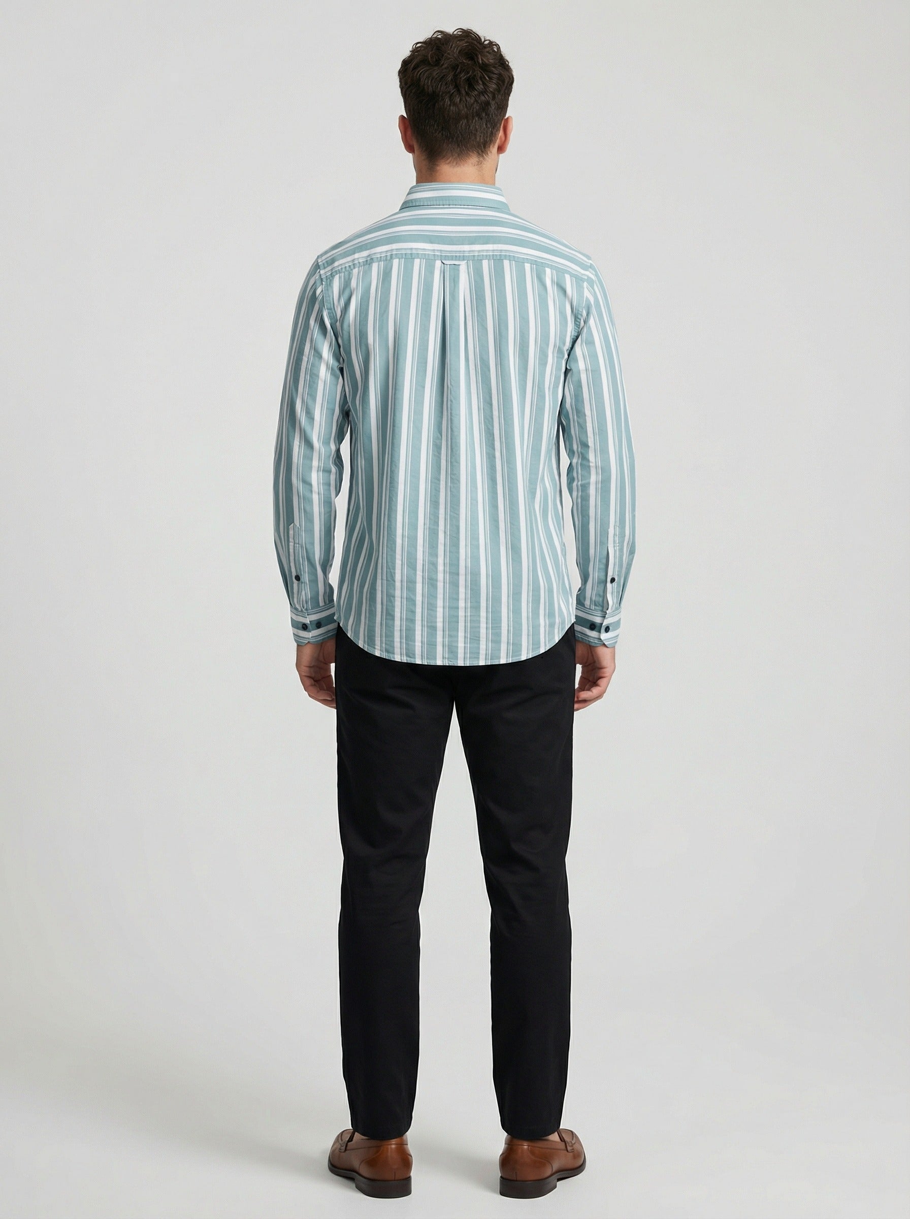 Men's Sage Green and White Horizontal Striped Button-Down Shirt