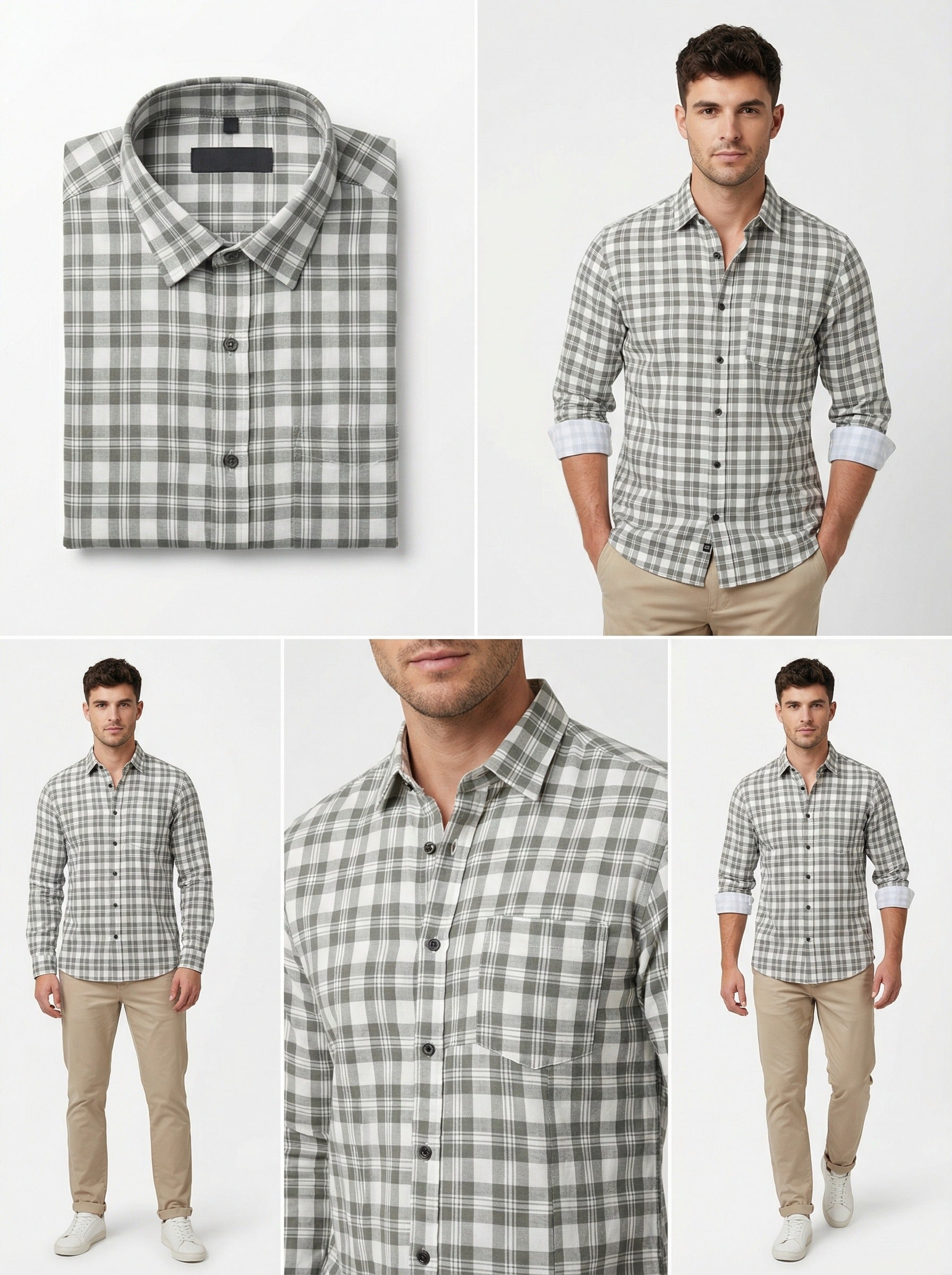 Men's Classic Grey & White Plaid Button-Down Shirt