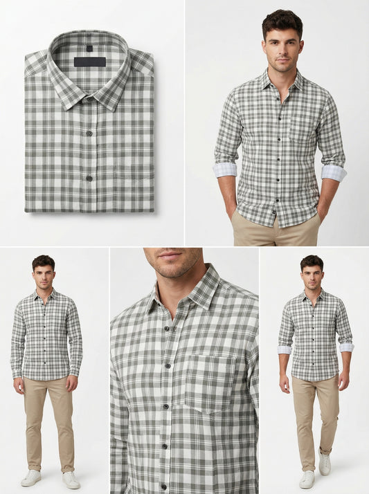 Men's Classic Grey & White Plaid Button-Down Shirt