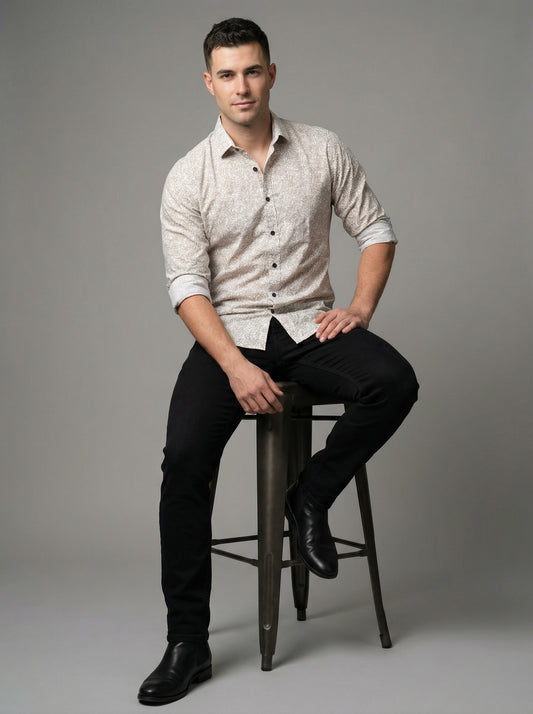 Men's Elegant Cream Leaf Print Long Sleeve Button-Down Shirt