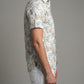 Men's Tropical Bamboo Leaf Print Button-Down Shirt - White & Tan Long Sleeve Casual Summer Shirt