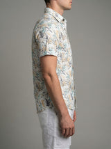 Men's Tropical Bamboo Leaf Print Button-Down Shirt - White & Tan Long Sleeve Casual Summer Shirt
