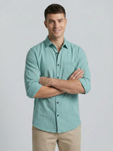 Men's Sky Blue Textured Cotton-Blend Casual Button-Down Shirt