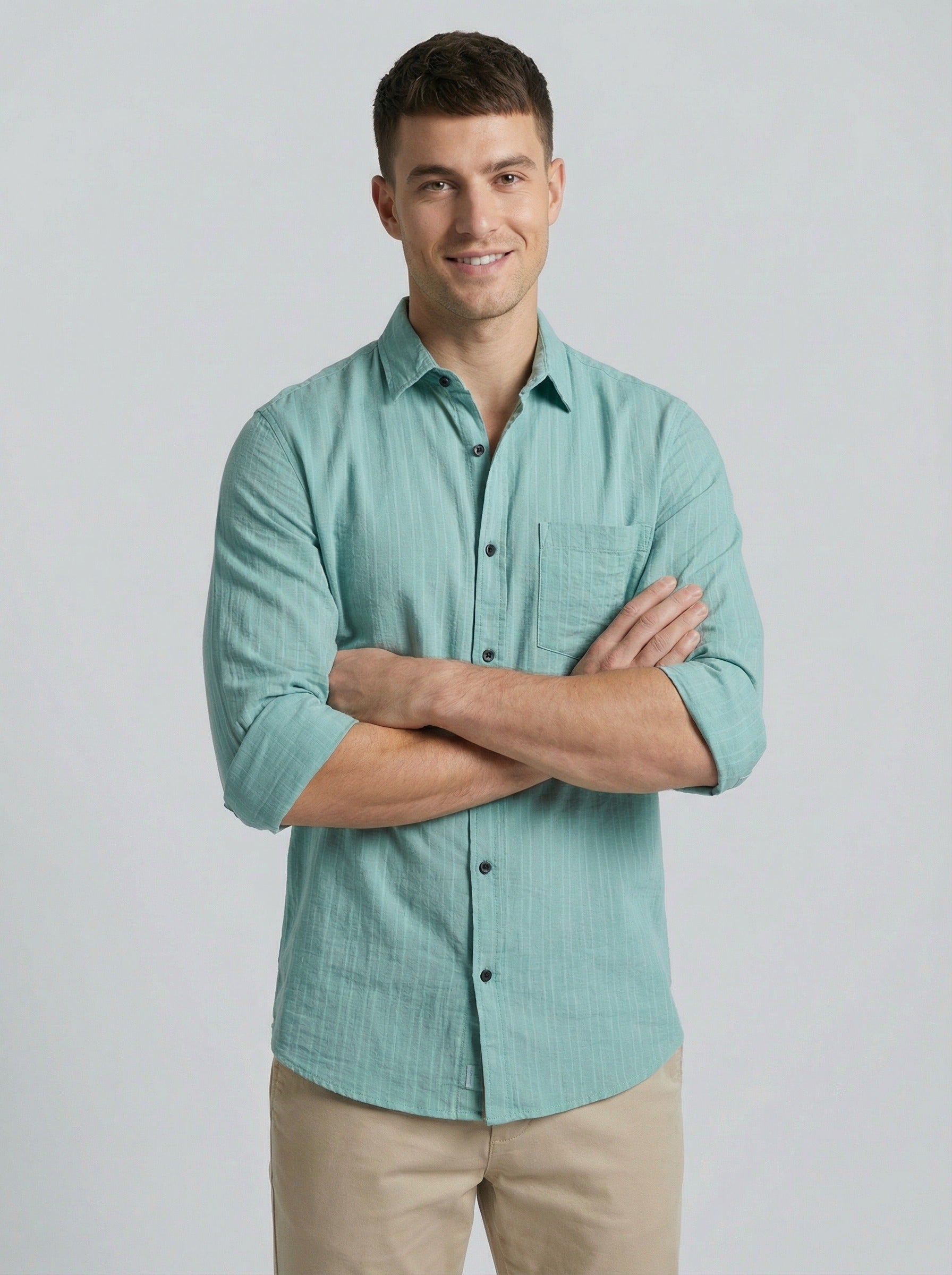 Men's Sky Blue Textured Cotton-Blend Casual Button-Down Shirt