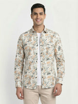Men's Tropical Palm Orange Leaf Print Long Sleeve Button-Down Casual Shirt - Summer Vacation Style