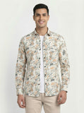 Men's Tropical Palm Orange Leaf Print Long Sleeve Button-Down Casual Shirt - Summer Vacation Style
