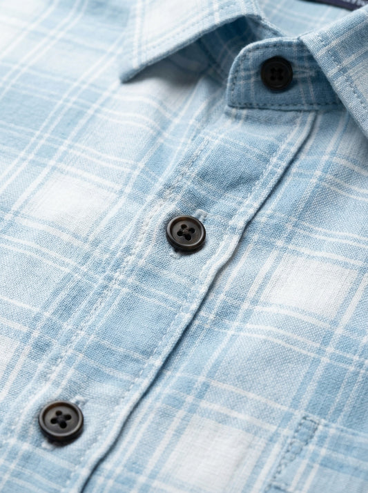 Men's Light Blue and White Plaid Long Sleeve Button-Down Shirt