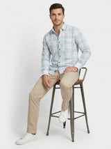 Men's Light Blue and White Plaid Button-Down Casual Shirt