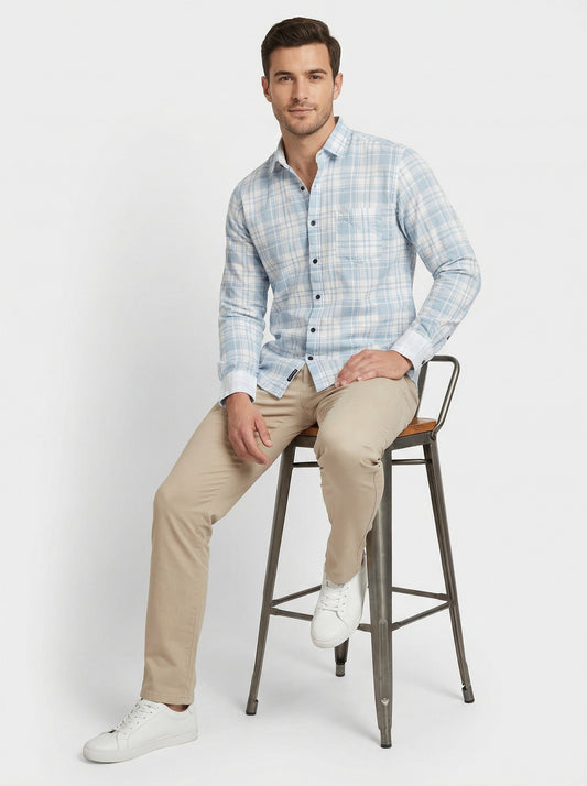 Men's Light Blue and White Plaid Button-Down Casual Shirt