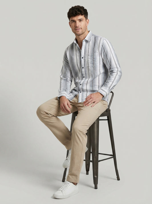 Men's Classic Grey and White Horizontal Striped Long Sleeve Button-Down Shirt