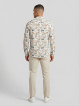 Men's Tropical Palm Orange Leaf Print Long Sleeve Button-Down Casual Shirt - Summer Vacation Style