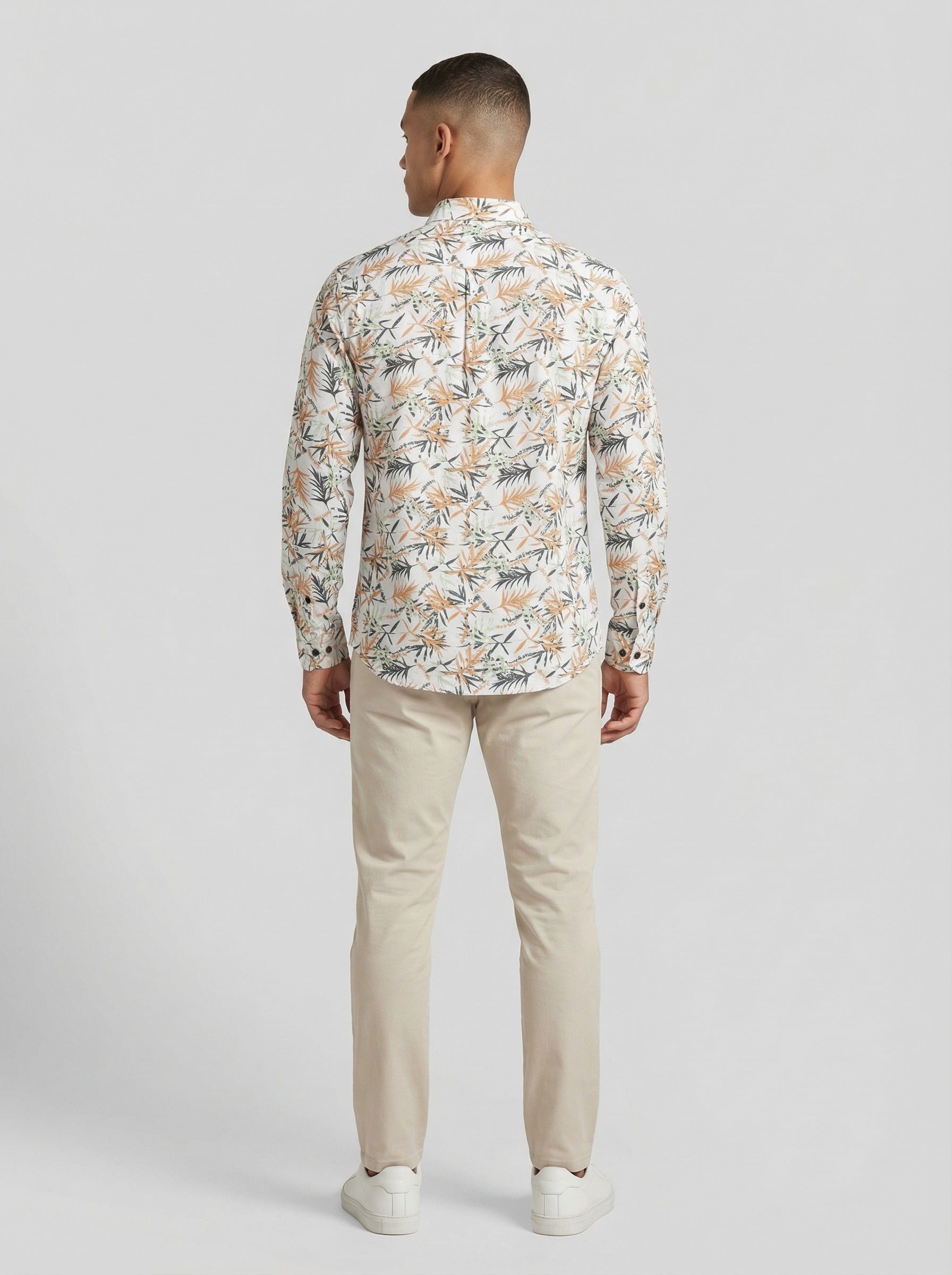 Men's Tropical Palm Orange Leaf Print Long Sleeve Button-Down Casual Shirt - Summer Vacation Style