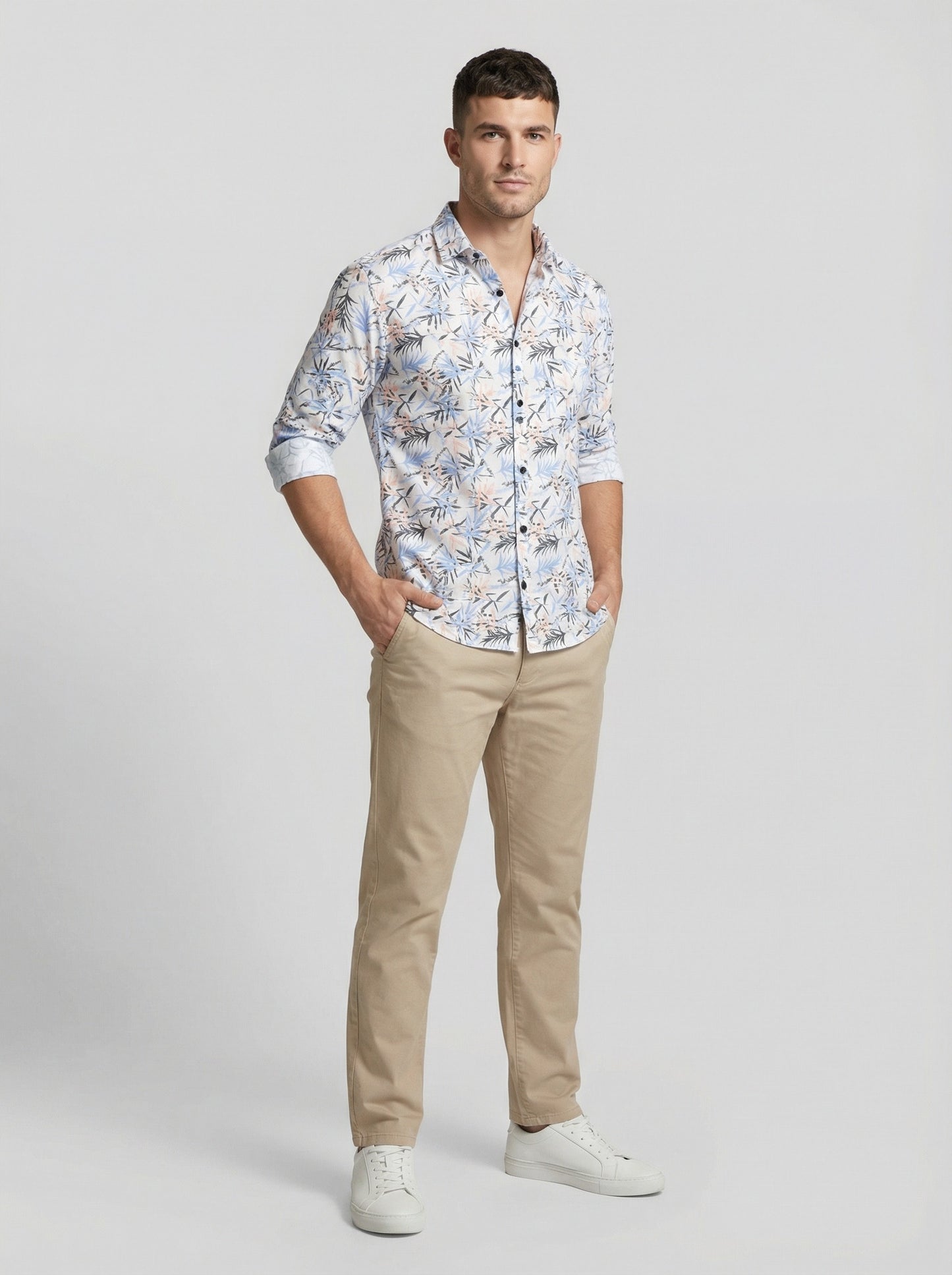 Men's Tropical Palm Blue Leaf Print Long Sleeve Button-Down Casual Shirt - Summer Vacation Style