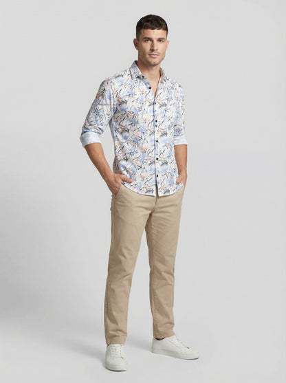Men's Tropical Palm Blue Leaf Print Long Sleeve Button-Down Casual Shirt - Summer Vacation Style