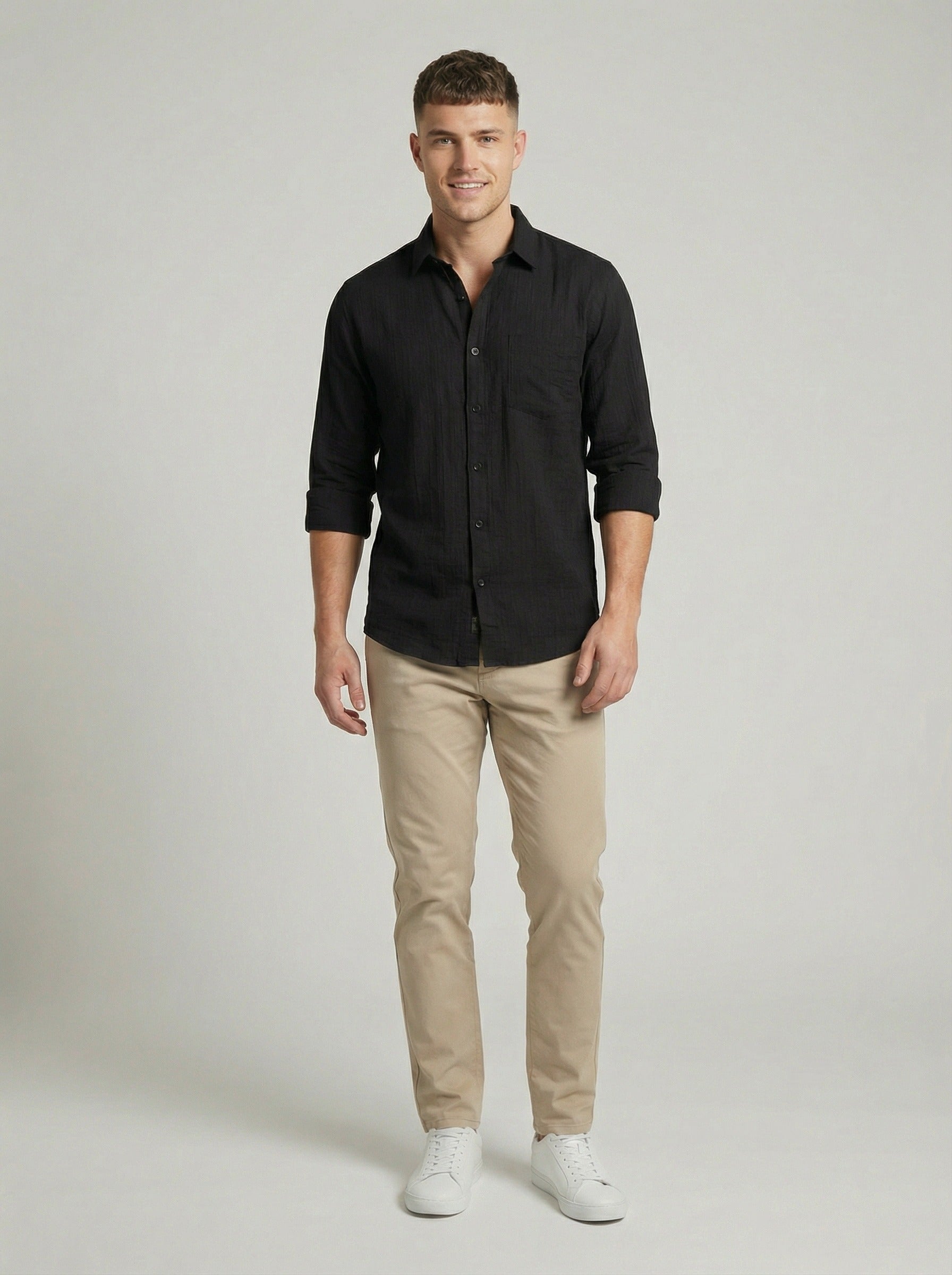 Men's Black Textured Long Sleeve Button-Down Casual Shirt - Premium Slim Fit