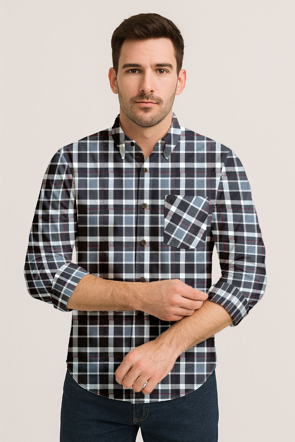 Long Sleeve Plaid Cotton Shirt – Button Down Checkered Casual Dress Shirt