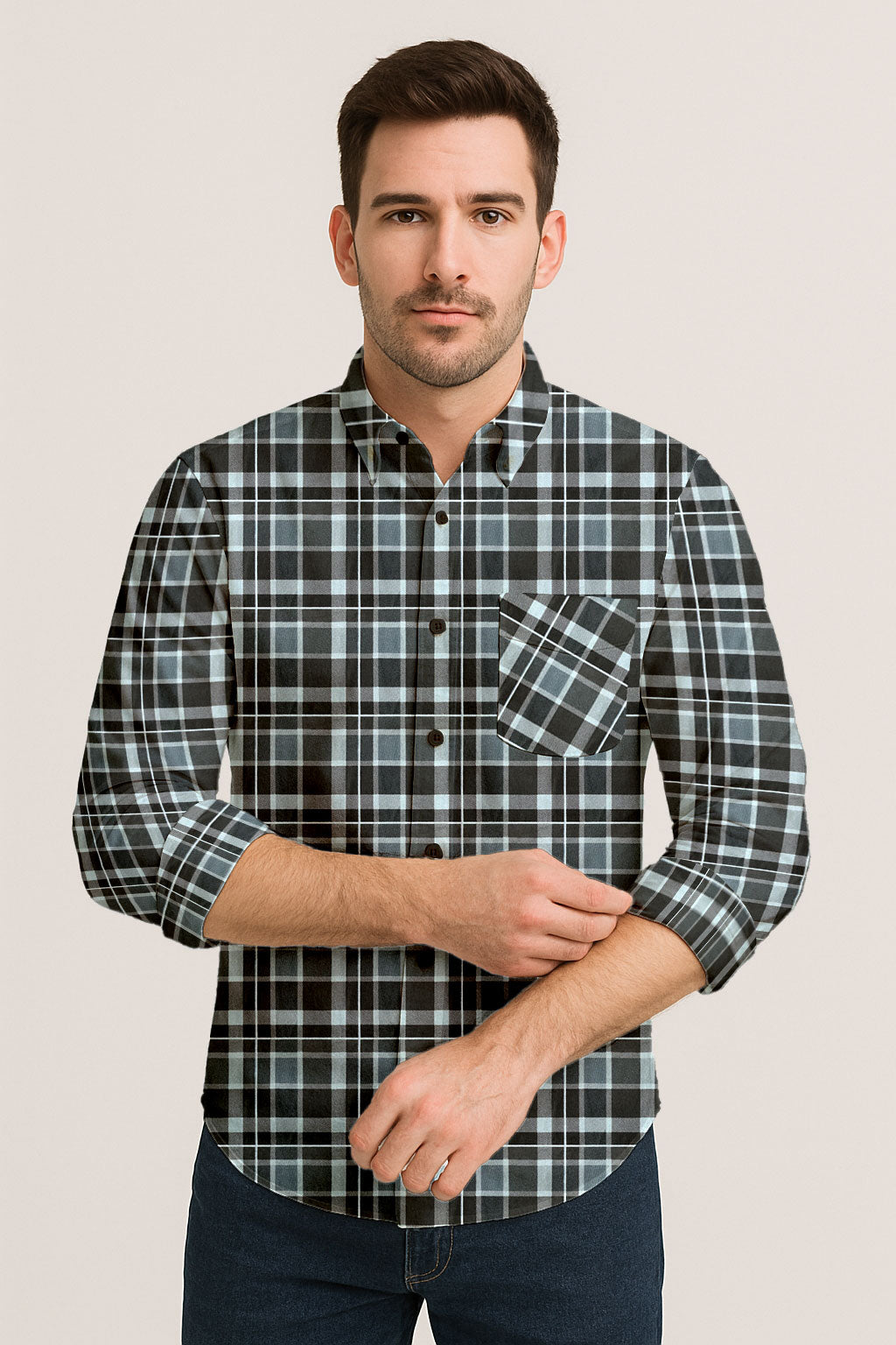 Long Sleeve Plaid Cotton Shirt – Button Down Checkered Casual Dress Shirt