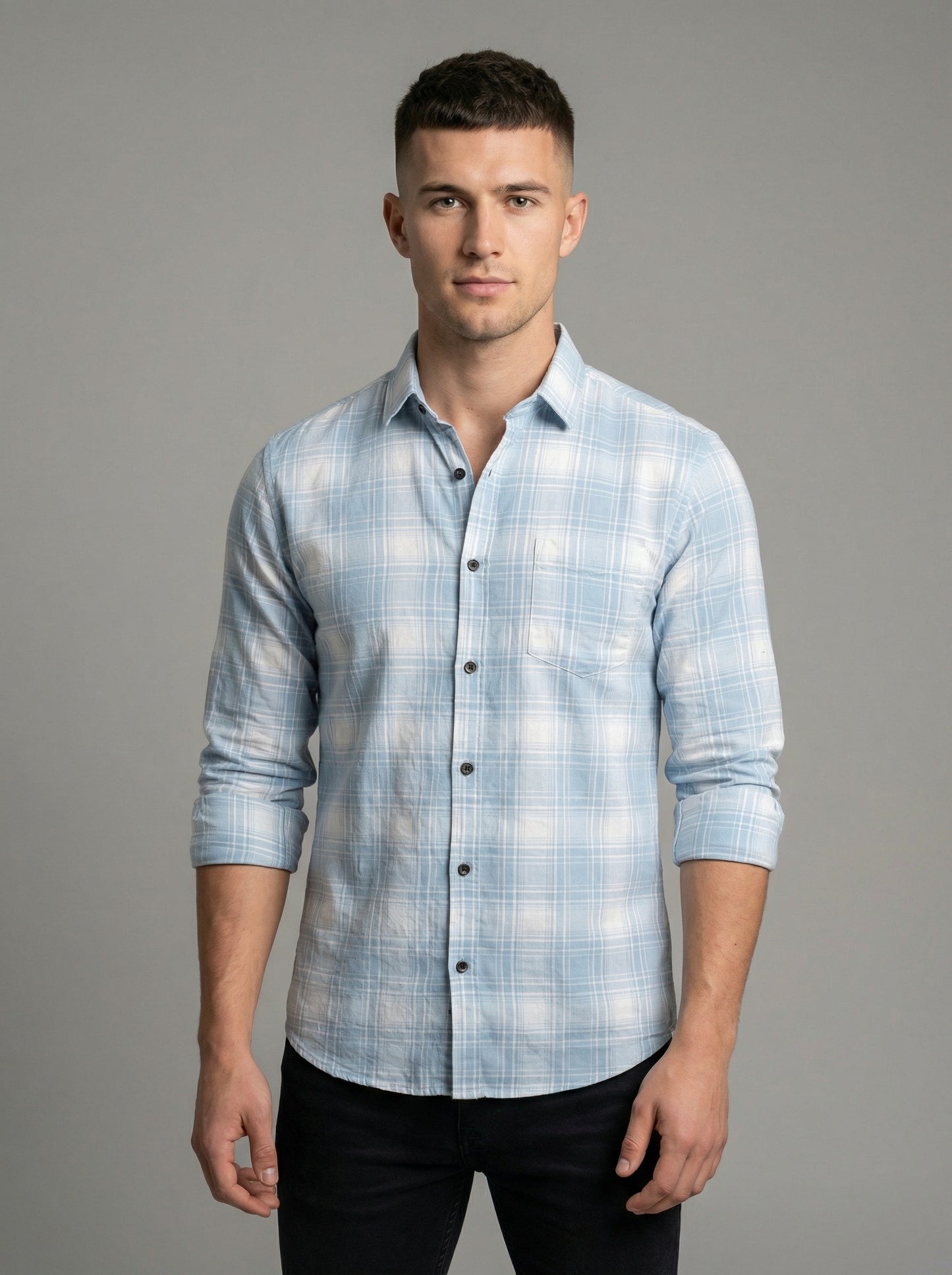 Men's Light Blue and White Plaid Long Sleeve Button-Down Shirt