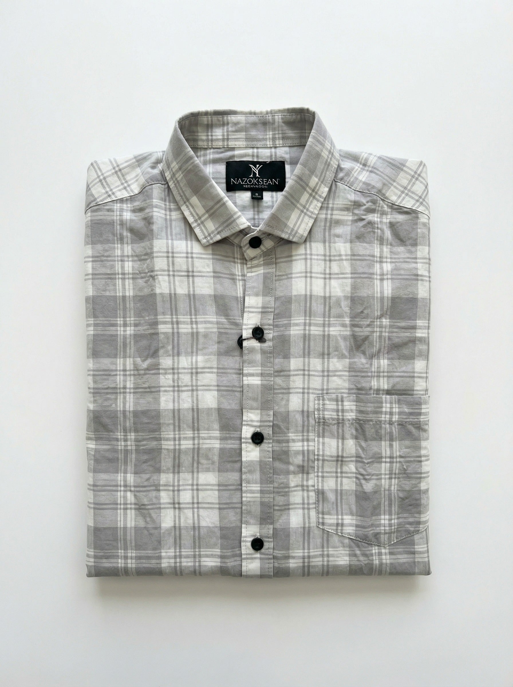 The Showfine Men's Grey and White Plaid Long-Sleeve Button-Down Shirt