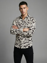 Men's Monochrome Typography Print Long Sleeve Button-Down Shirt