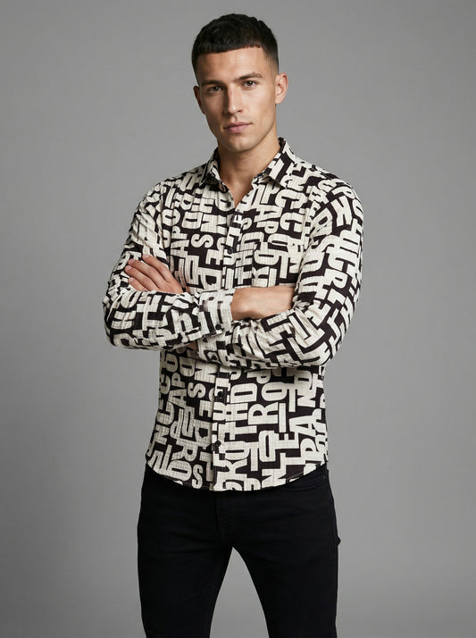 Men's Monochrome Typography Print Long Sleeve Button-Down Shirt
