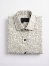 Men's Elegant Cream Leaf Print Long Sleeve Button-Down Shirt