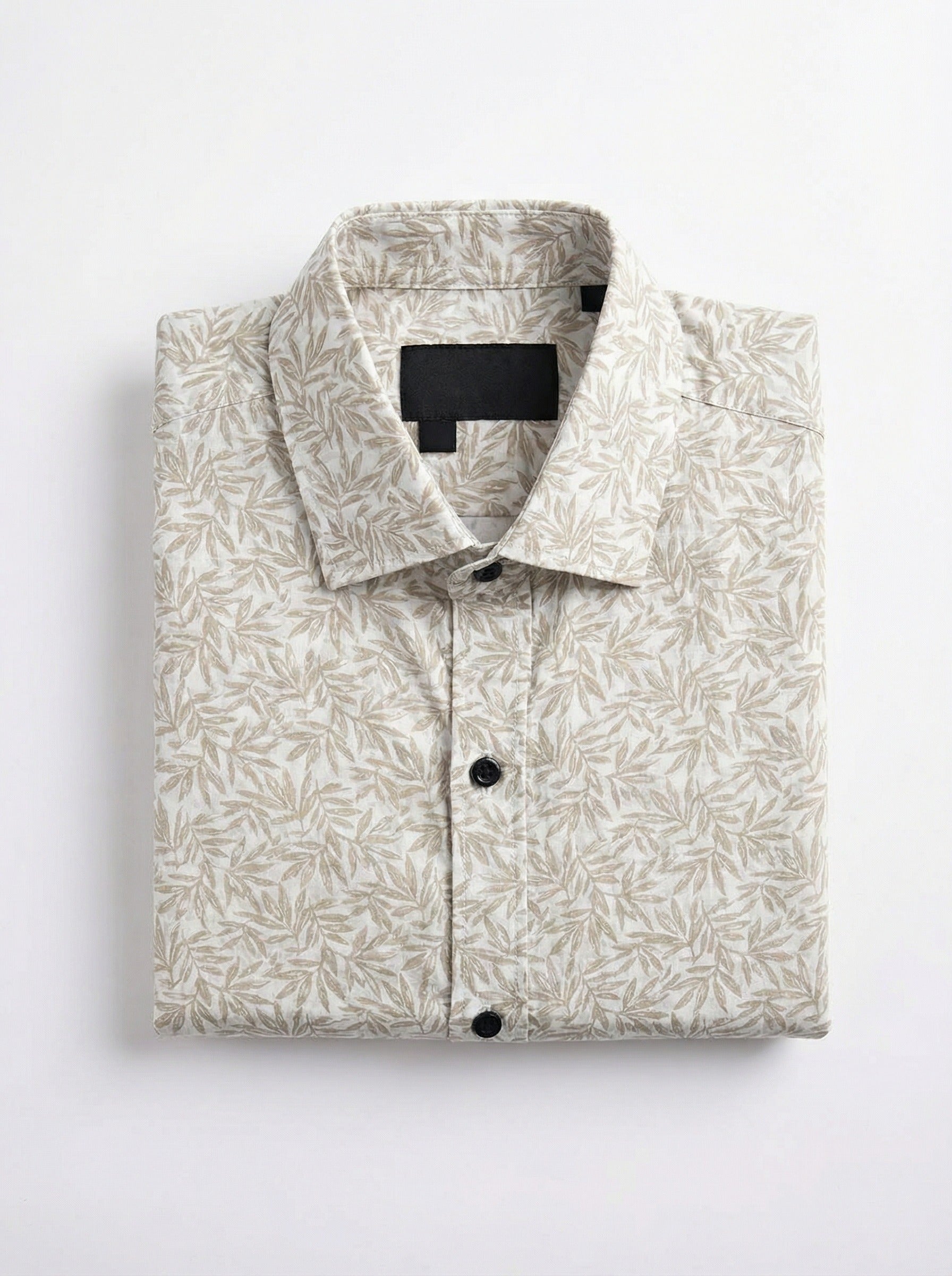Men's Elegant Cream Leaf Print Long Sleeve Button-Down Shirt