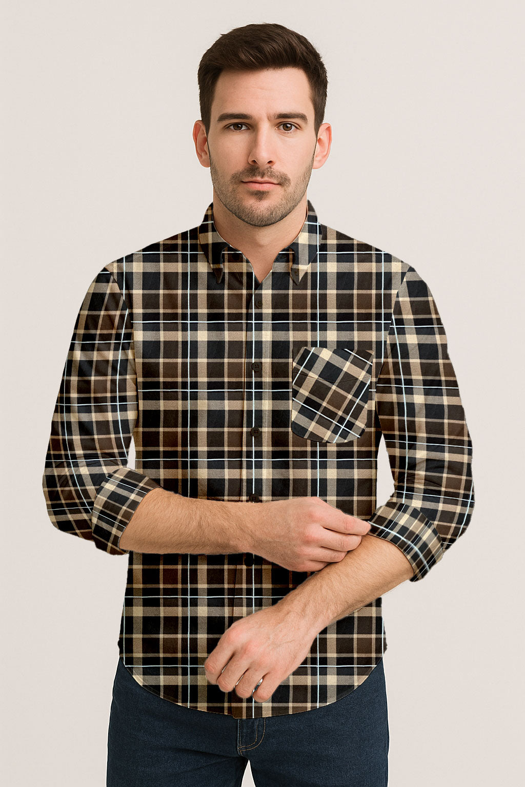 Long Sleeve Plaid Cotton Shirt – Button Down Checkered Casual Dress Shirt
