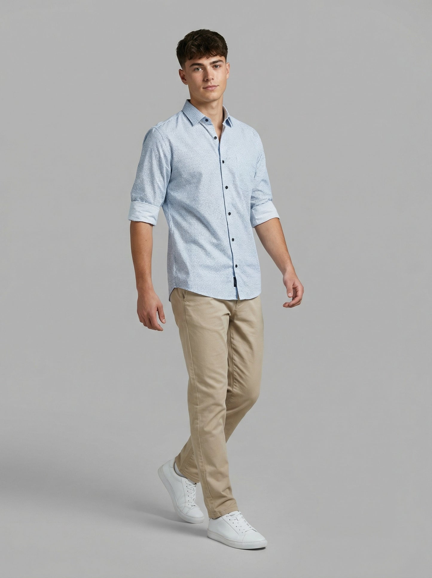 Men's Slim Fit Geometric Greek Key Print Button-Down Shirt