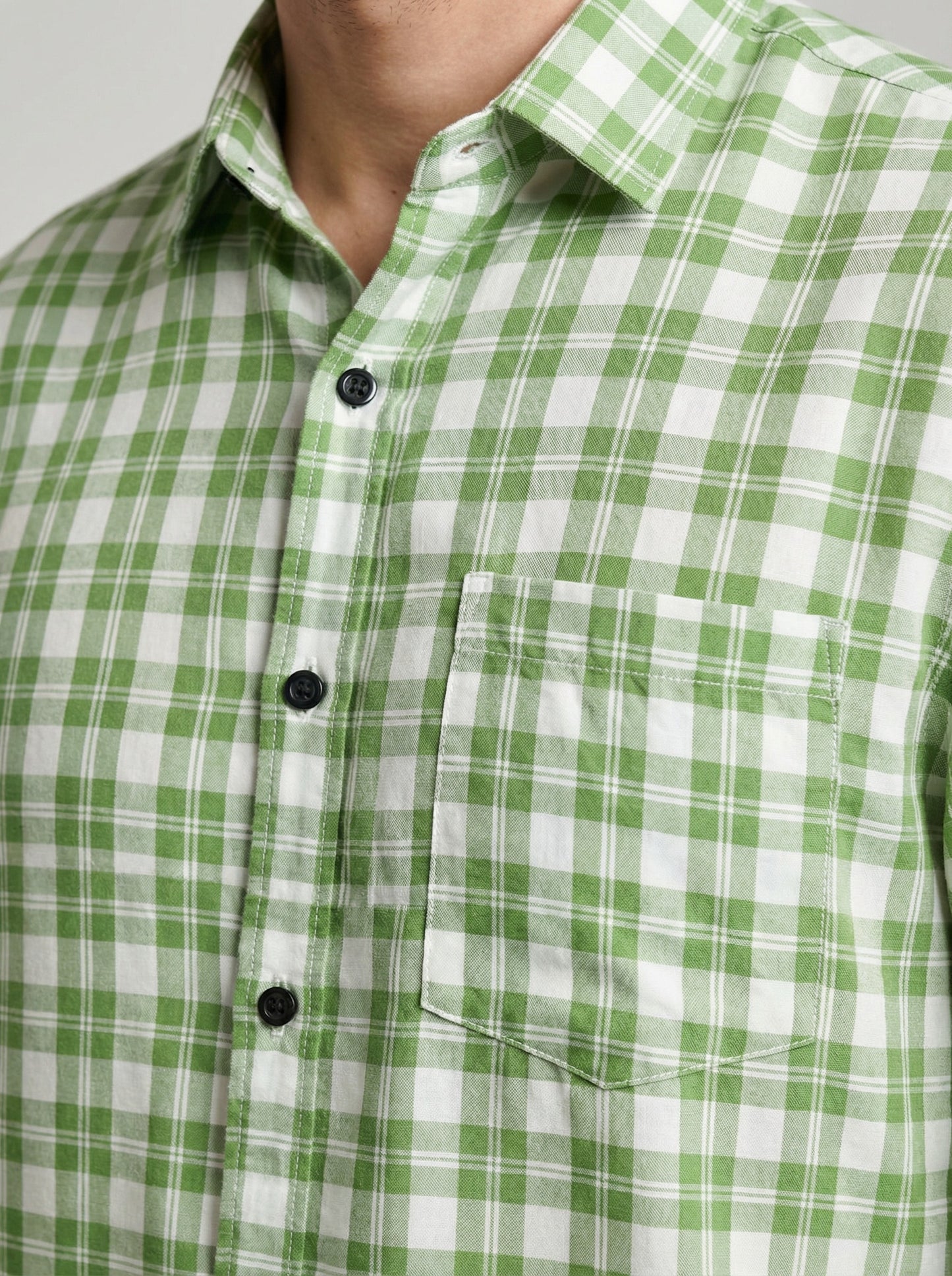 Men's Sage Green Gingham Checkered Long Sleeve Button-Down Shirt