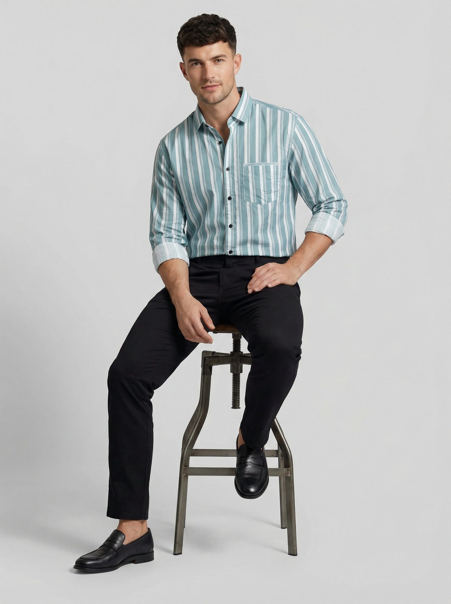 Men's Sage Green and White Horizontal Striped Button-Down Shirt