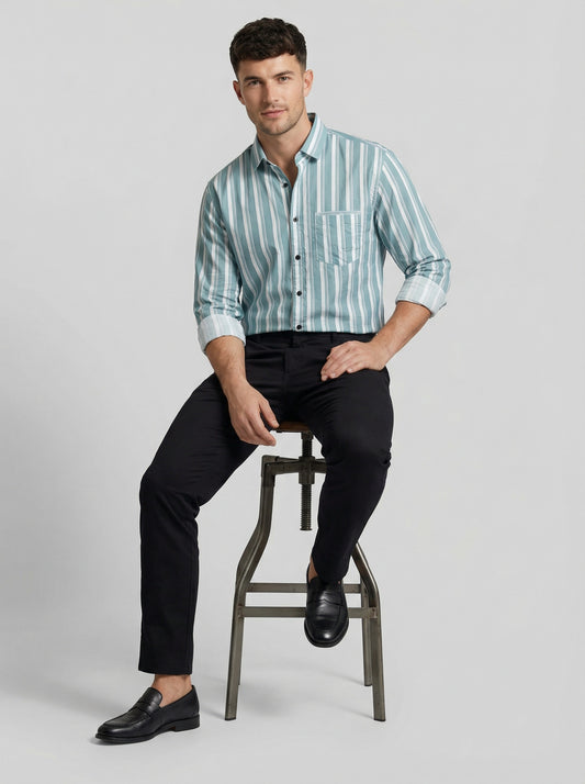 Men's Sage Green and White Horizontal Striped Button-Down Shirt