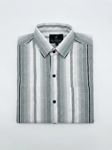 Men's Classic Grey and White Horizontal Striped Long Sleeve Button-Down Shirt