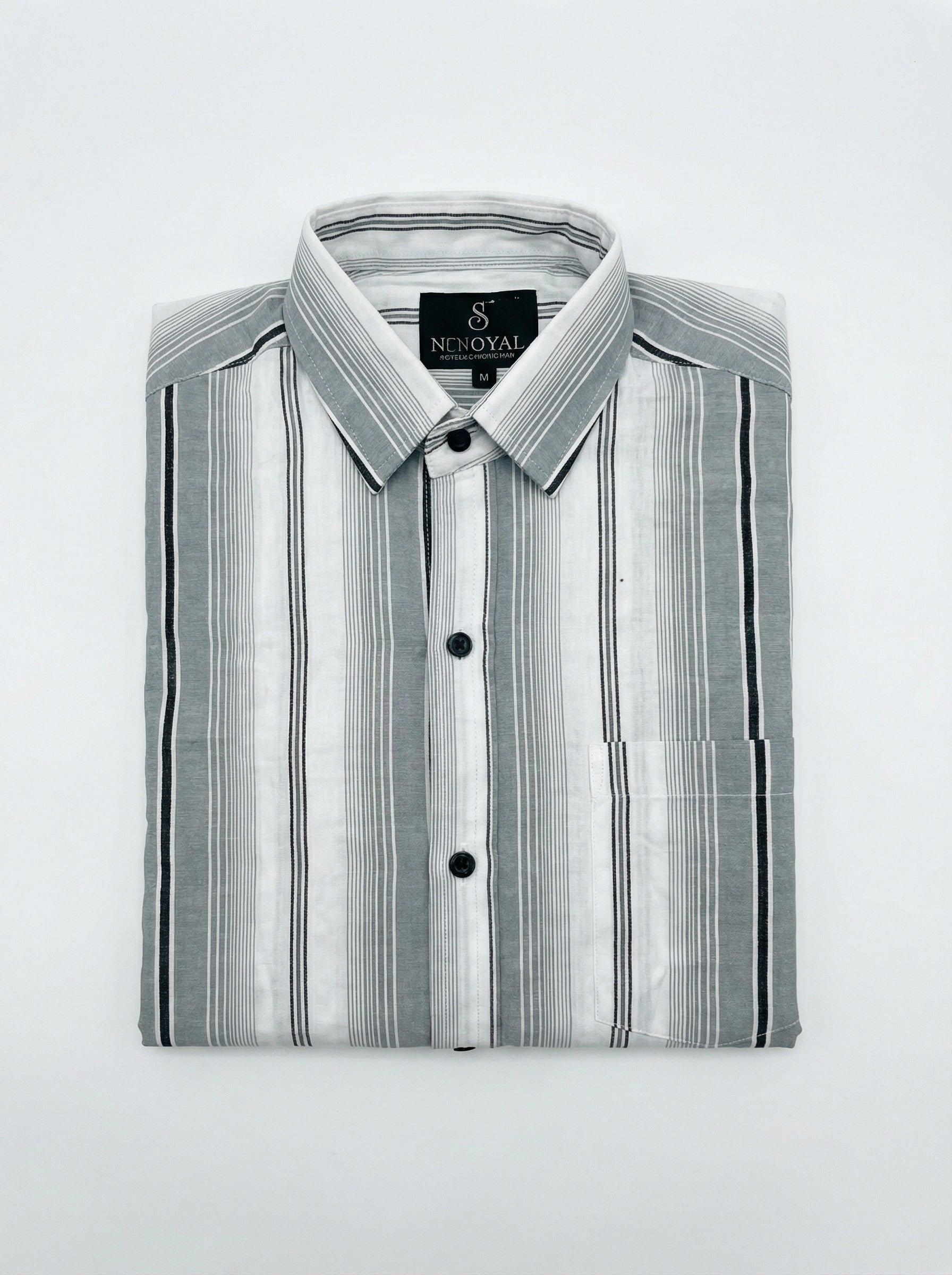 Men's Classic Grey and White Horizontal Striped Long Sleeve Button-Down Shirt